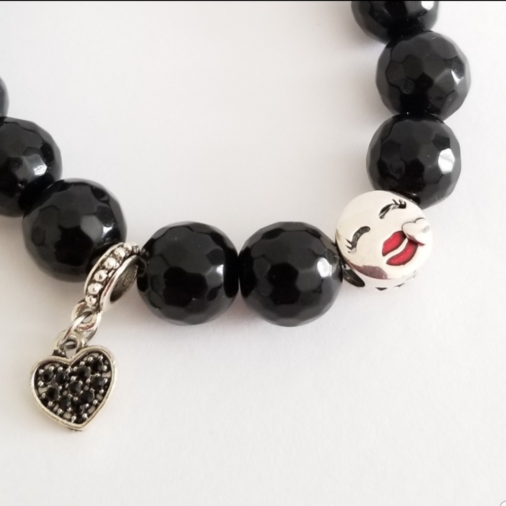 New Black Onyx Stone Silver Charm Bracelet